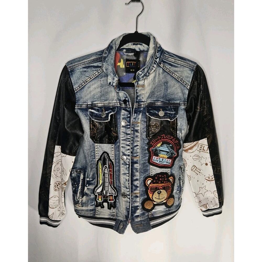 Elite Premium Denim Mocha Jacket Kids 10-12 Patches Streetwear